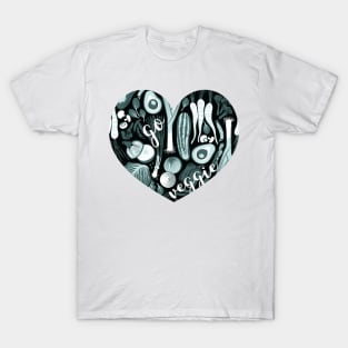 Go veggie // heart print // black background pine and mint vegetables T-Shirt